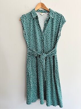 Boden Green Polka Dot Tie Waist Jersey Knit Mini Dress Size 10
